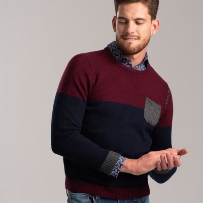 Maglia girocollo uomo misto lana bicolore e taschino a contrasto blu